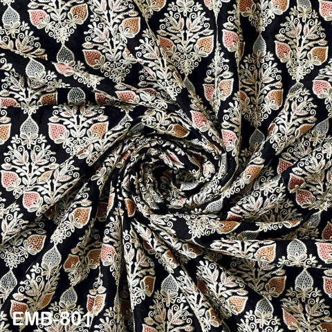 Black Embroidered Fabric by the yard Sewing DIY Crafting Indian Embroidery Wedding Dresses Historical Costumes Waistcoats Longline Jackets