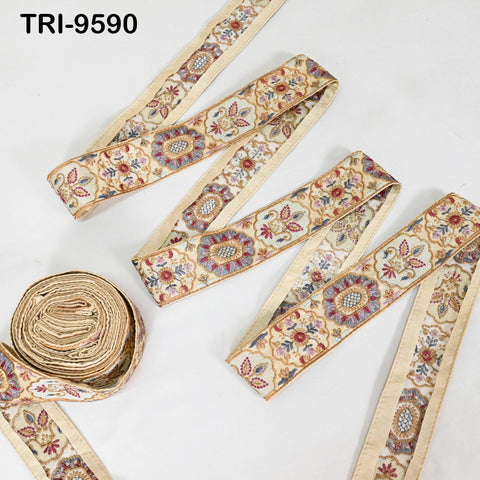 9 Yard Beige 5cm Embroidery Trims Ribbon Indian Sari Border Embroidered Crafting Sewing Costume Tote Bags Tablecloth Lampshade Home Decor