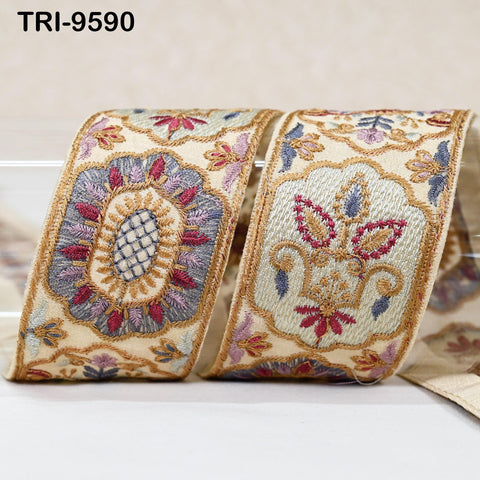 3 Yard Beige 5cm Embroidery Trims Ribbon Indian Sari Border Embroidered Crafting Sewing Costume Tote Bags Tablecloth Lampshade Home Decor