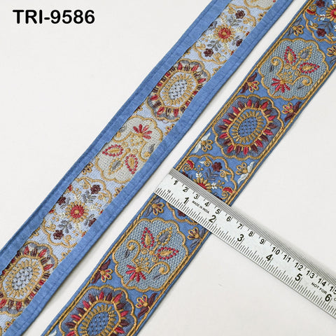 9 Yard Blue 5cm Embroidery Trims Ribbon Indian Sari Border Embroidered Crafting Sewing Costumes Tote Bags Tablecloth Lampshades Home Decor