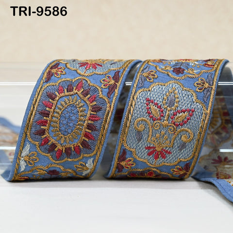 9 Yard Blue 5cm Embroidery Trims Ribbon Indian Sari Border Embroidered Crafting Sewing Costumes Tote Bags Tablecloth Lampshades Home Decor