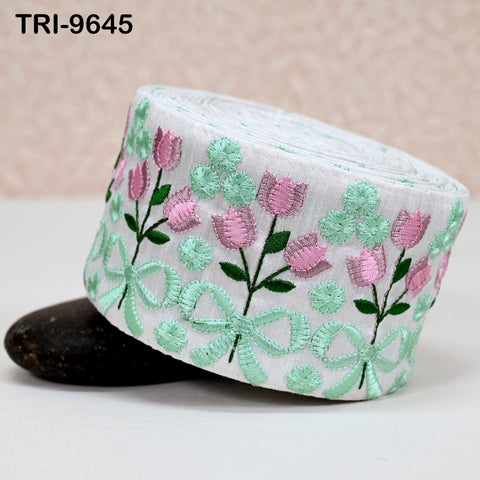 9 Yard Green Floral Embroidery Ribbon Indian Sari Border Embroidered Crafting Sewing Junk Journals Kids Costume Home Decor Trimming 8cm