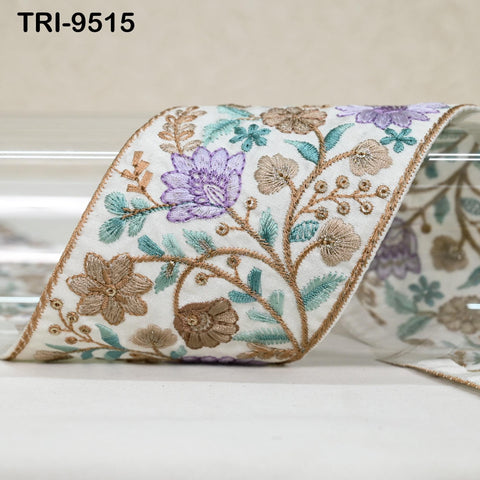 3 Yard Ivory Indian Embroidery Ribbons Border Floral Embroidered Fabric Trims Saree Crafting Sewing Wedding Embellishment Gift Wrapping 9cm