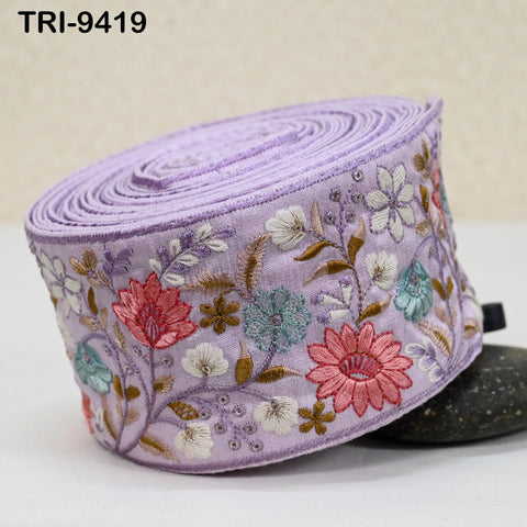 9 Yard Lavender Indian Embroidery Ribbons Border Floral Embroidered Fabric Trims Saree DIY Crafting Sewing Embellishment Junk Journals 9cm