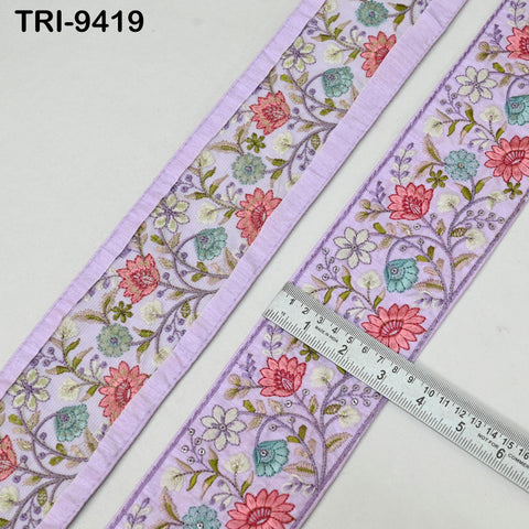 3 Yard Lavender Indian Embroidery Ribbons Border Floral Embroidered Fabric Trims Saree DIY Crafting Sewing Embellishment Junk Journals 9cm