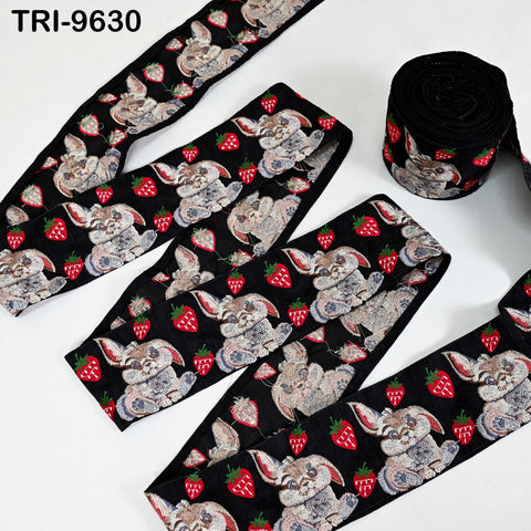 9 Yard Embroidery Ribbon Trim Rabbit with Strawberries Saree Border Crafting Sewing Throw Pillow Home Decor Embellishments Junk Journals 9cm