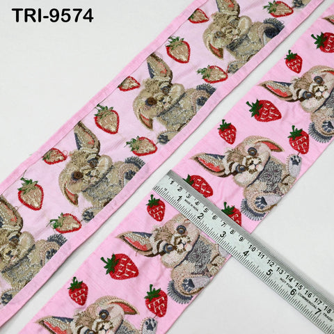 9 Yard Embroidery Ribbon Trim Rabbit with Strawberries Saree Border Crafting Sewing Throw Pillow Home Decor Embellishments Junk Journals 9cm