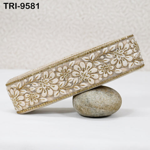 9 Yard Indian Embroidery 5cm Trim Embroidered Saree Ribbon Sari Embellishments Sewing DIY Crafting Trimmings Curtains Headbands Border Beige