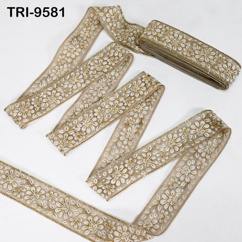 9 Yard Indian Embroidery 5cm Trim Embroidered Saree Ribbon Sari Embellishments Sewing DIY Crafting Trimmings Curtains Headbands Border Beige