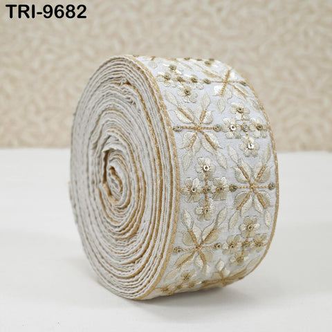 9 Yard White Embroidery Ribbons 6cm Indian Sari Border Embroidered Crafting Sewing Tablecloth Lampshade making Home Decor Costumes Trimming