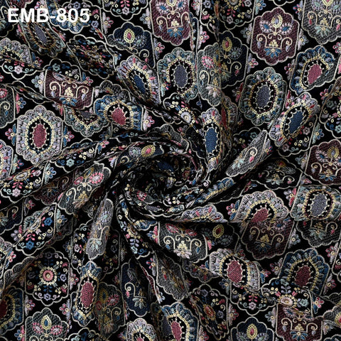 Black Embroidered Fabric by the yard Sewing Crafting Indian Embroidery Dresses Costumes Regency Reticules Victorian Handbags Junk Journals