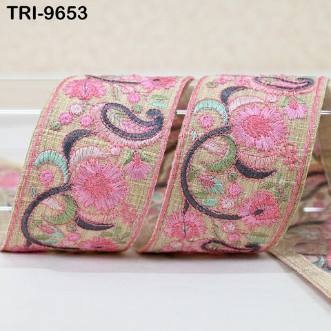 9 Yard Pink Indian Embroidery Ribbon Trim Floral Sari Border DIY Crafting Sewing Bag Strap Regency Reticules Home Decor Junk Journals 5cm
