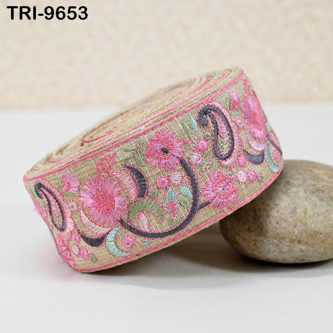 9 Yard Pink Indian Embroidery Ribbon Trim Floral Sari Border DIY Crafting Sewing Bag Strap Regency Reticules Home Decor Junk Journals 5cm