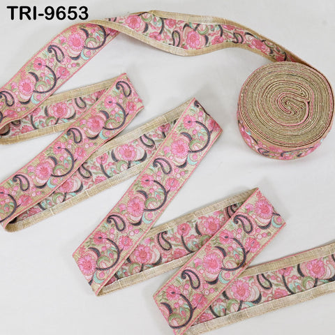 9 Yard Pink Indian Embroidery Ribbon Trim Floral Sari Border DIY Crafting Sewing Bag Strap Regency Reticules Home Decor Junk Journals 5cm