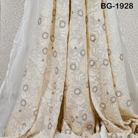 Dyeable Embroidered Fabric by the Yard Indian Sequin Saree white Georgette Sequined Wedding Dress Crafting Sewing Costumes Chikankari