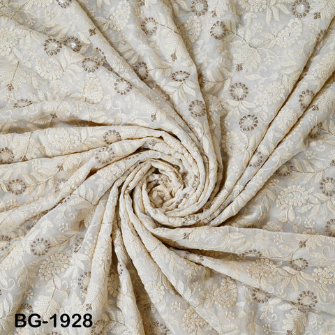 Dyeable Embroidered Fabric by the Yard Indian Sequin Saree white Georgette Sequined Wedding Dress Crafting Sewing Costumes Chikankari