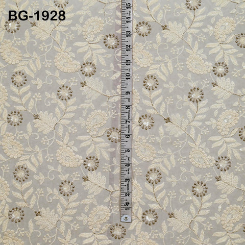 Dyeable Embroidered Fabric by the Yard Indian Sequin Saree white Georgette Sequined Wedding Dress Crafting Sewing Costumes Chikankari