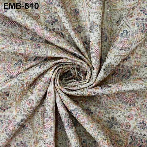 Cream Embroidery Fabric by the yard Sewing DIY Crafting Embroidered Indian Wedding Dress Costumes Victorian Bags Throw Pillow Junk Journals