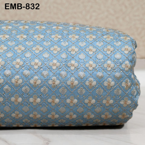 Blue Embroidered Fabric by the yard Sewing DIY Crafting Indian Embroidery Wedding Dress Costumes Bags Throw Pillow Home Decor Blouses