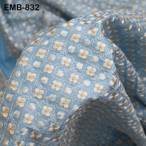 Blue Embroidered Fabric by the yard Sewing DIY Crafting Indian Embroidery Wedding Dress Costumes Bags Throw Pillow Home Decor Blouses