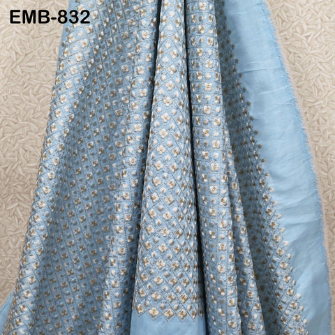 Blue Embroidered Fabric by the yard Sewing DIY Crafting Indian Embroidery Wedding Dress Costumes Bags Throw Pillow Home Decor Blouses