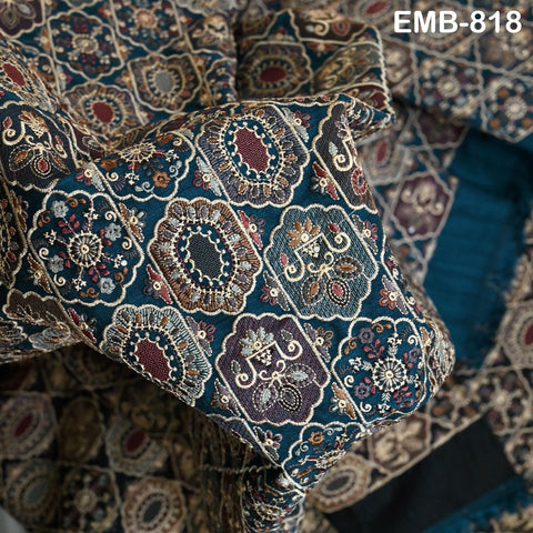 Teal Blue Embroidered Fabric by the yard Sewing DIY Crafting Embroidery Dresses Costumes Regency Reticules Victorian Handbags Junk Journals