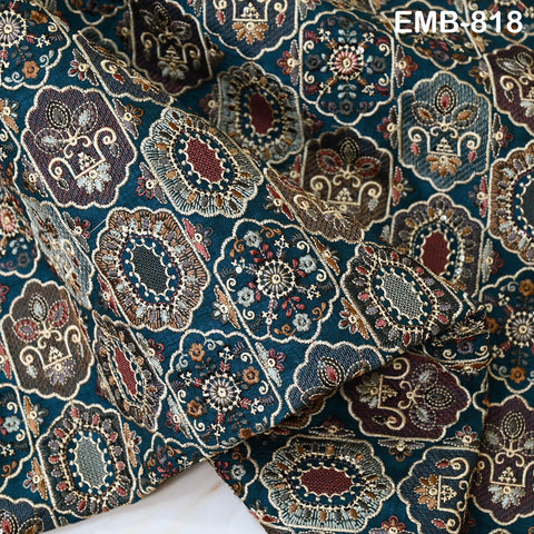 Teal Blue Embroidered Fabric by the yard Sewing DIY Crafting Embroidery Dresses Costumes Regency Reticules Victorian Handbags Junk Journals