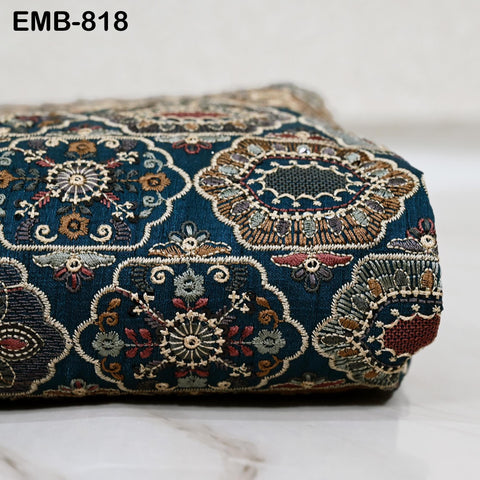 Teal Blue Embroidered Fabric by the yard Sewing DIY Crafting Embroidery Dresses Costumes Regency Reticules Victorian Handbags Junk Journals