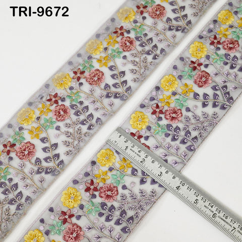 9 Yard Grey Embroidery Ribbons Border Floral Embroidered Fabric Trims Saree Crafting Sewing Wedding Embellishment Victorian Handbags 9cm