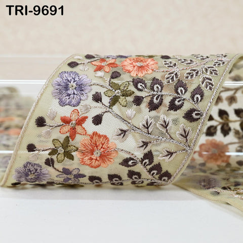 9 Yard Dull Beige Embroidery Ribbons Border Floral Embroidered Fabric Trims Crafting Sewing Wedding Embellishment Victorian Handbags 9cm