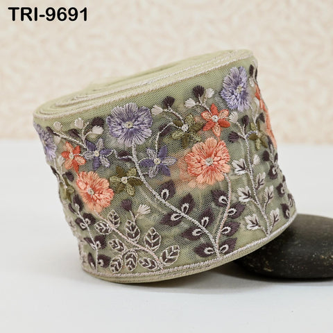 9 Yard Dull Beige Embroidery Ribbons Border Floral Embroidered Fabric Trims Crafting Sewing Wedding Embellishment Victorian Handbags 9cm