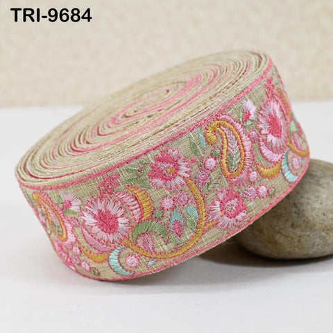 9 Yard Pink Indian Embroidery Ribbon Trim Floral Sari Border DIY Crafting Sewing Bag Strap Regency Reticules Home Decor Junk Journals 5cm