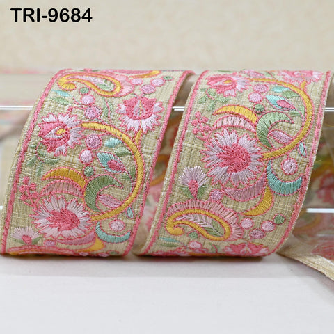 9 Yard Pink Indian Embroidery Ribbon Trim Floral Sari Border DIY Crafting Sewing Bag Strap Regency Reticules Home Decor Junk Journals 5cm