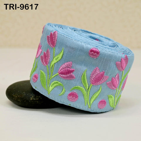 9 Yard Blue Floral Embroidery Ribbon Indian Sari Border Embroidered Crafting Sewing Junk Journals Kids Costumes Home Decor Trimming 7.62 cm