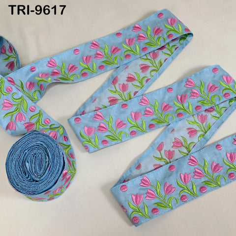 9 Yard Blue Floral Embroidery Ribbon Indian Sari Border Embroidered Crafting Sewing Junk Journals Kids Costumes Home Decor Trimming 7.62 cm