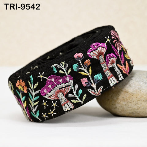 3 Yard Black Indian Embroidery Ribbon Trim Mushroom Sari Border DIY Craft Sewing Bag Straps Regency Reticules Home Decor Junk Journal 5cm