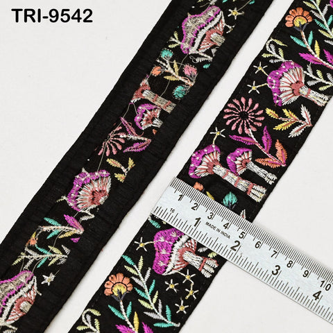 3 Yard Black Indian Embroidery Ribbon Trim Mushroom Sari Border DIY Craft Sewing Bag Straps Regency Reticules Home Decor Junk Journal 5cm