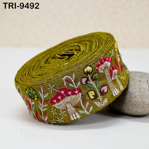 9 Yard Green Embroidery Ribbon Trim Mushroom Indian Sari Border DIY Crafting Sewing Bag Straps for Kids Junk Journals Pets Accessories 5cm