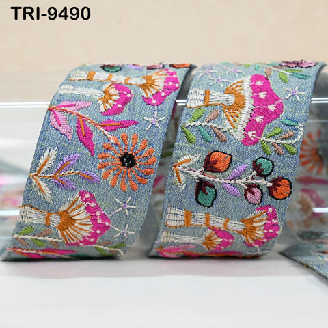 3 Yard Grey Embroidery Ribbon 5cm Trim Mushroom Indian Sari Border DIY Crafting Sewing Beach Bag Straps for Kids Accessories Junk Journals