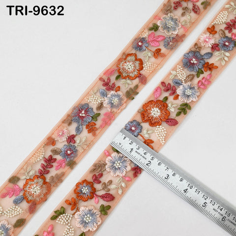 9 Yard Peach Indian Embroidery Ribbon 5cm Trim Sari Border DIY Crafting Sewing Embroidered Shoe making Designer Curtain Home Decor Trimmings