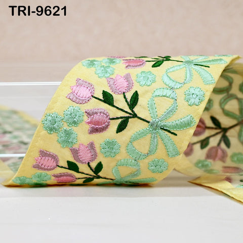 9 Yard Yellow Floral Embroidery Ribbon Indian Sari Border Embroidered Crafting Sewing Junk Journals Kids Costume Home Decor Trimming 7.62 cm