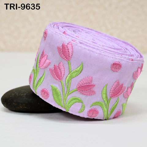 1 Meter Lavender Floral Embroidery Ribbon Indian Sari Border Embroidered Crafting Sewing Junk Journals Kids Costumes Home Decor 70 mm