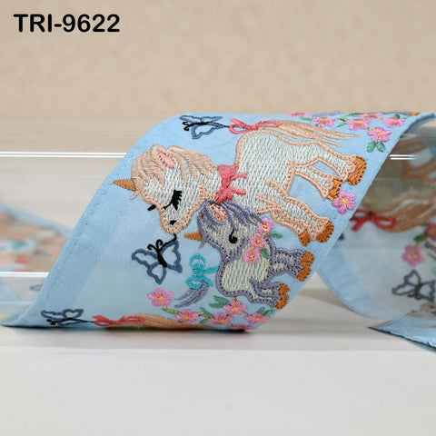 9 Yard Unicorn Embroidery Ribbon 8cm Indian Embroidered Fabric Trim Laces Sari Border Sewing Kids Accessory Junk Journals DIY Crafting Blue