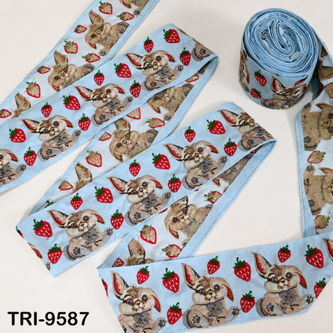 9 Yard Embroidery Ribbon Trim Rabbit with Strawberries Saree Border Crafting Sewing Throw Pillow Home Decor Embellishments Junk Journals 9cm