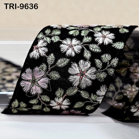 3 Yard Green Floral Embroidery 7cm Ribbon Indian Sari Border Embroidered Crafting Sewing Junk Journals Kids Costumes Home Decor Trimming