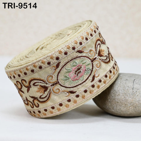 3 Yard Beige Embroidery Ribbons Indian Sari Border Embroidered Crafting Sewing Tablecloth Lampshade making Home Decor Costumes Trimming 6cm