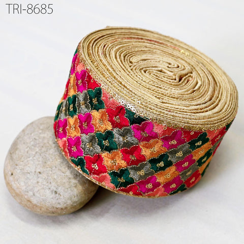 3 Yard Embroidery Trims Borders Indian Sari Fabric Sewing Crafting Ribbon Embellishment Tote Bags Curtain Embroidered Laces Tape Costume 8cm
