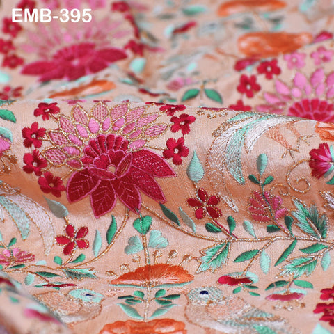 Peach Embroidered Fabric by the yard Sewing DIY Crafting Indian Embroidery Wedding Dress Costumes Dolls Bags Cushion Covers Table Runners