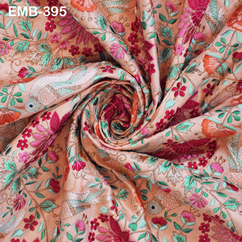 Peach Embroidered Fabric by the yard Sewing DIY Crafting Indian Embroidery Wedding Dress Costumes Dolls Bags Cushion Covers Table Runners