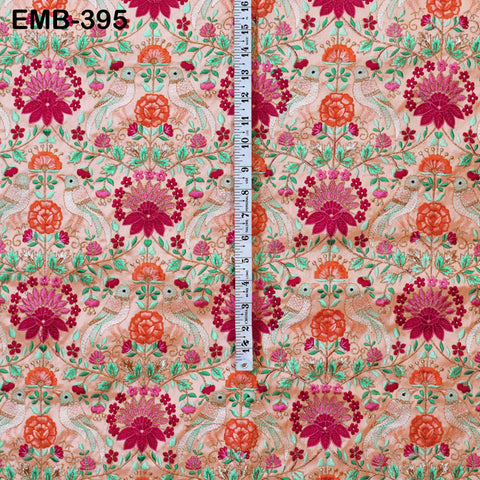Peach Embroidered Fabric by the yard Sewing DIY Crafting Indian Embroidery Wedding Dress Costumes Dolls Bags Cushion Covers Table Runners